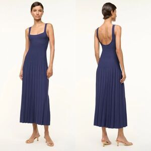 STAUD Sleeveless Knit Ottoman Stitch Pleated Ellison Midi Dress Navy Small $295